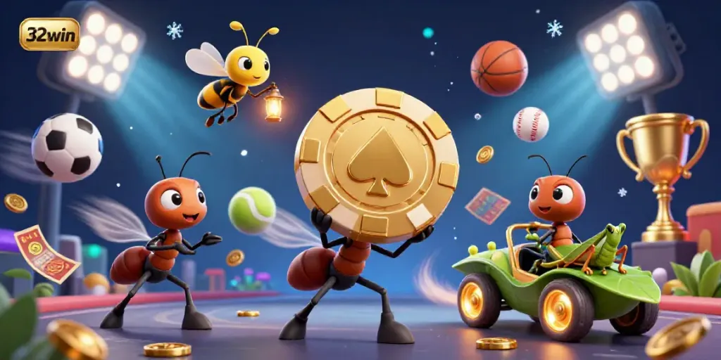 Ant heist scene with a golden poker chip and sports elements showcasing 32win's thrilling gameplay.