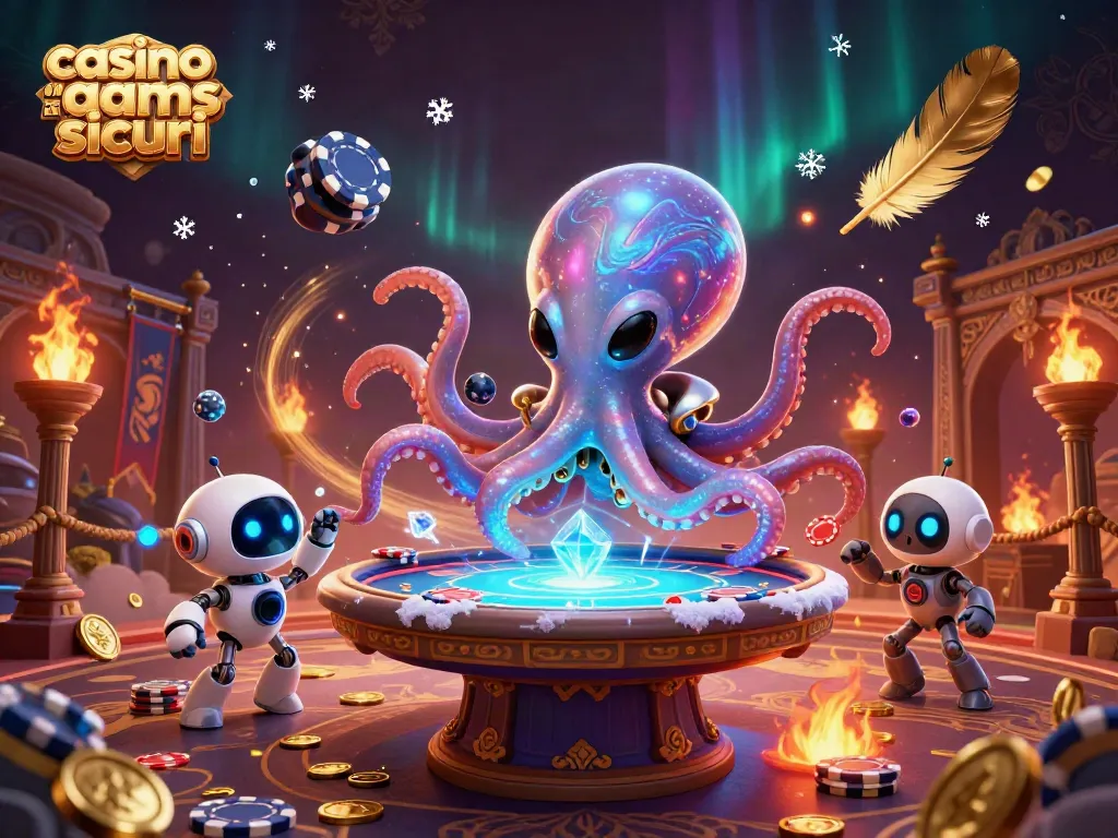 Divertiti nei casino non AAMS sicuri con una scena vivace di un polpo alieno e un robot che giocano a poker.