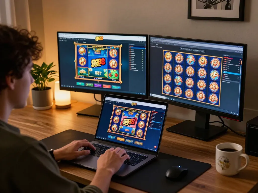 Engaging with gg88's vibrant online casino interface in a cozy home gaming setup
