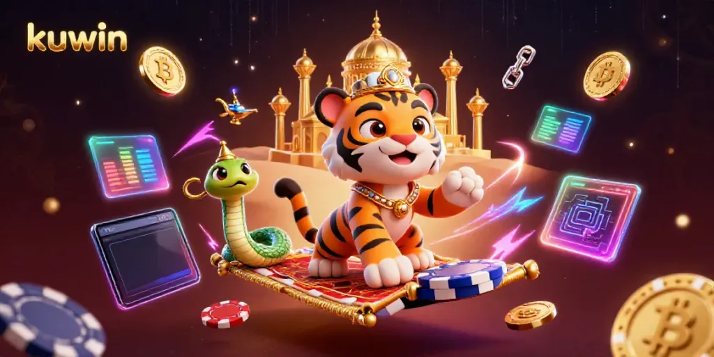 Kuwin brings the magic of gambling alive with a vibrant 3D sultan scene amid glowing crypto coins.