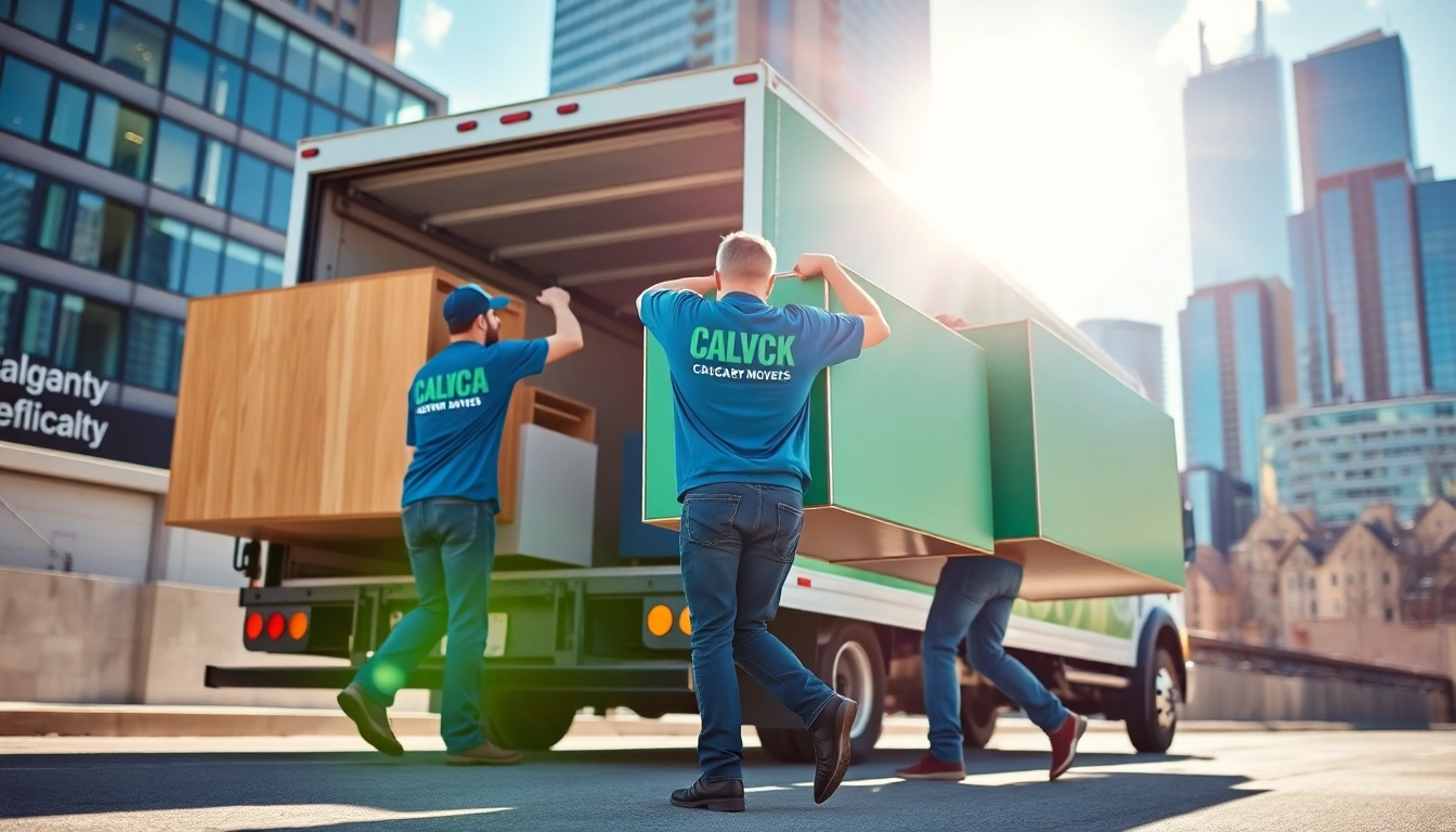 Calgary movers using teamwork to load furniture into a truck amidst Calgary's urban backdrop.