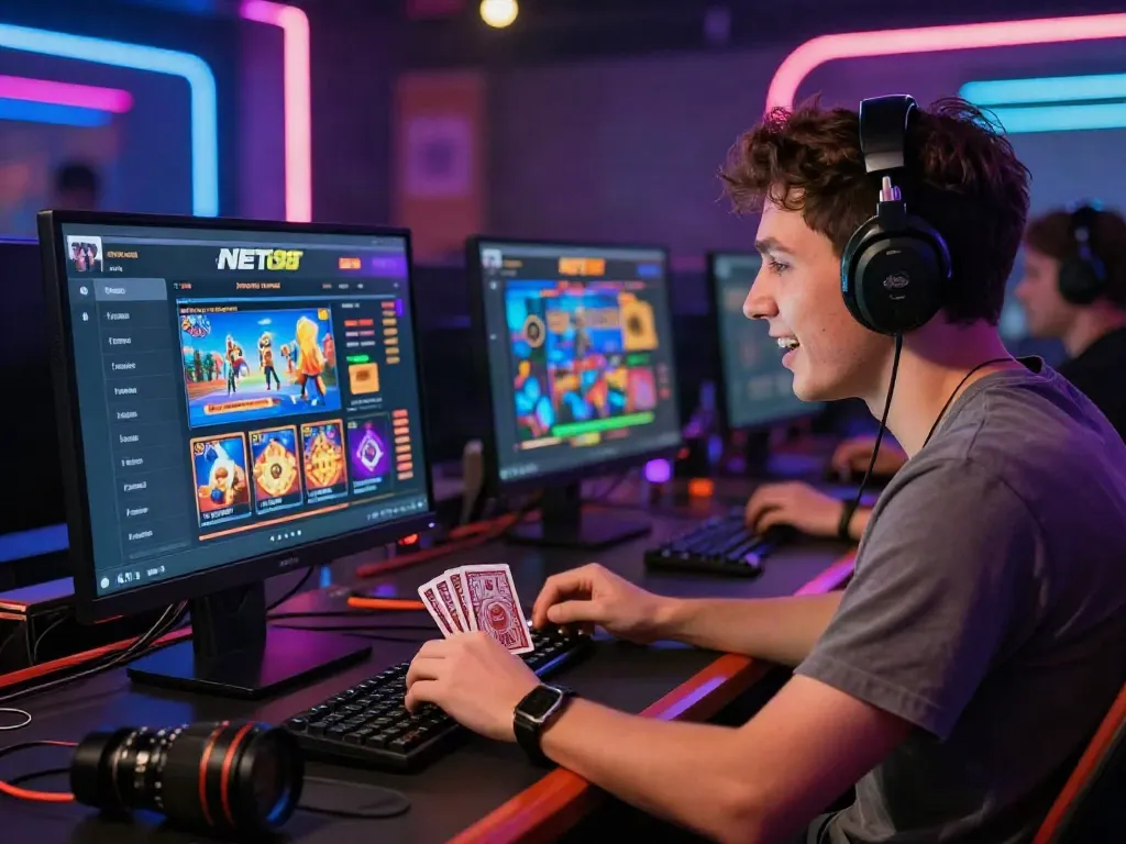 Engaged user on https://net88.broker/ displaying vibrant online gambling environment with games and promotions.