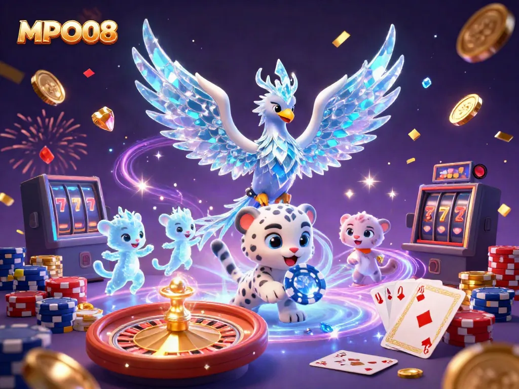 Engage with MPO08, featuring a vibrant ice phoenix and casino elements celebrating wins.