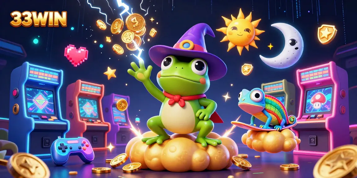 Engage in thrilling gameplay with 33WIN, as a cartoon wizard frog conjures golden coins amidst vibrant illustrations.