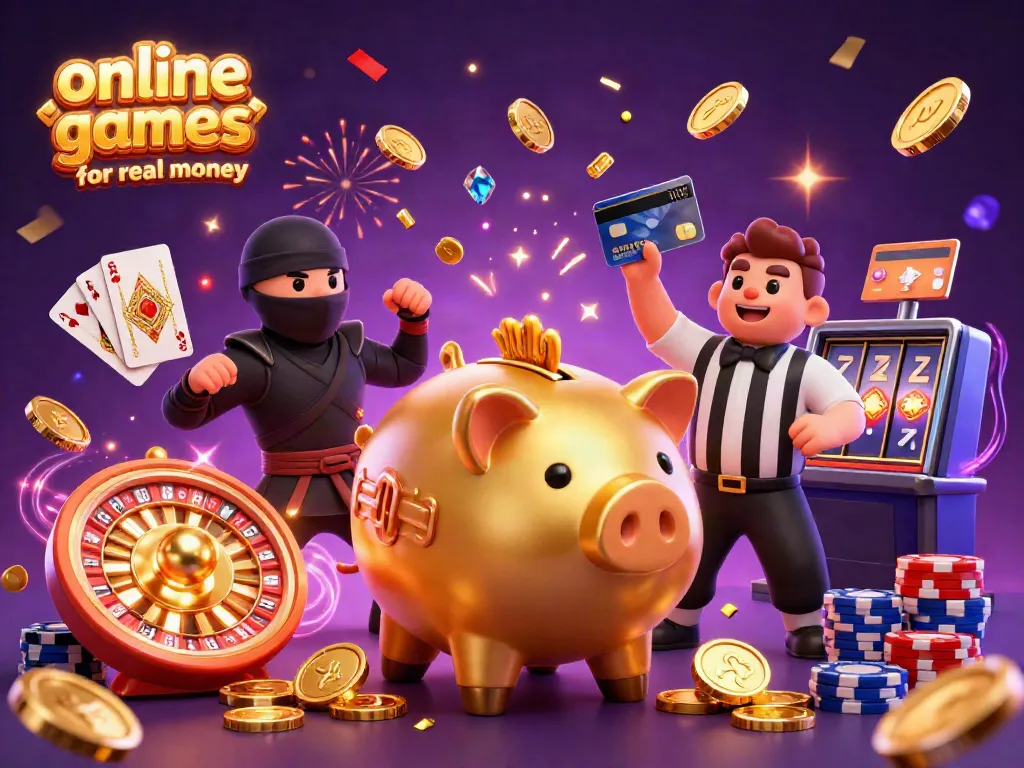Experience the thrill of online casino games for real money with a lively scene featuring a cartoon piggy bank sumo wrestler and other dynamic characters.