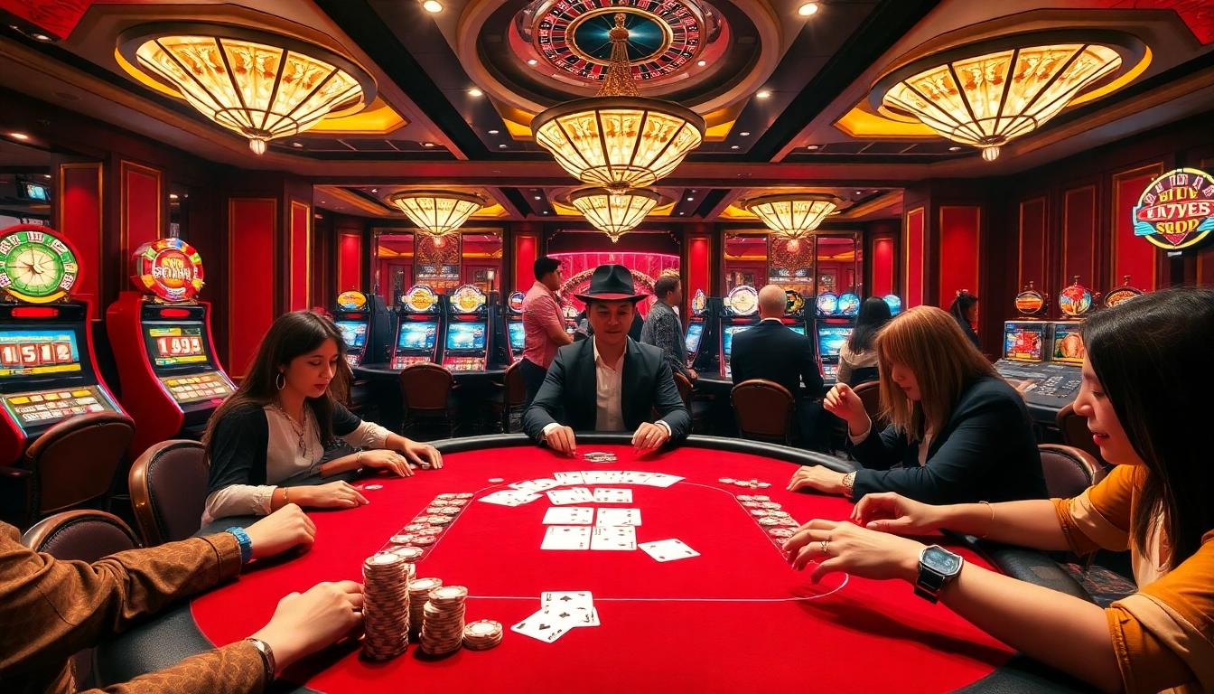 Players enjoying a thrilling poker game at 789club casino with vibrant ambiance.