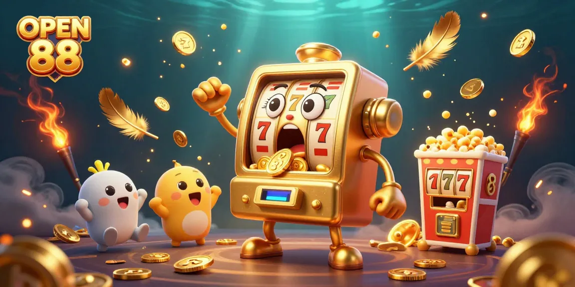 Spin the jackpot at OPEN 88 with vibrant golden slot machines in a lively casino scene.