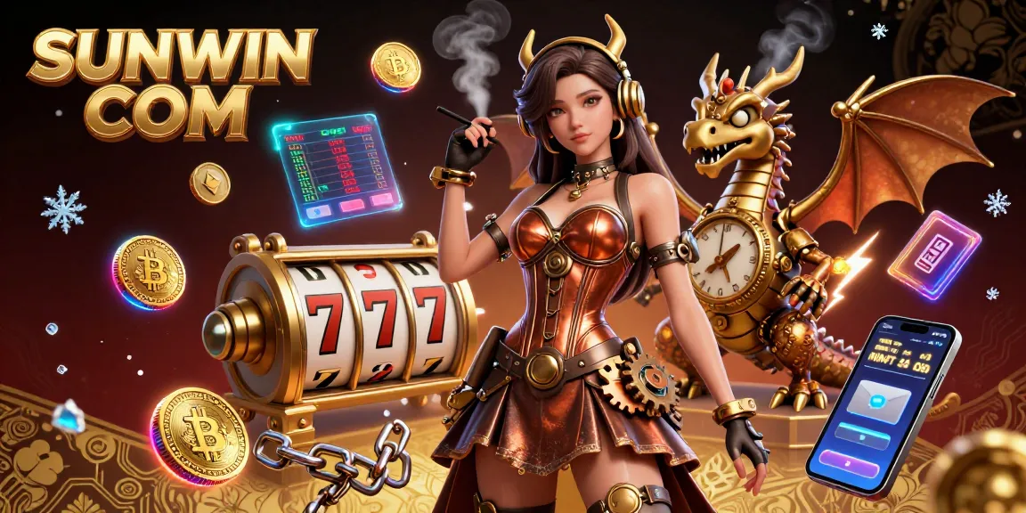 Engage with SUNWIN COM's captivating gaming scene featuring slot machines and cryptocurrency elements.