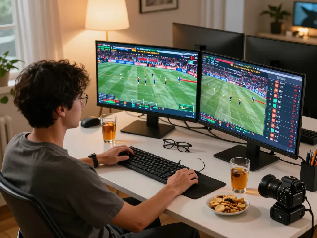 F168 sports betting setup with multiple screens showing live events and odds in a cozy home office