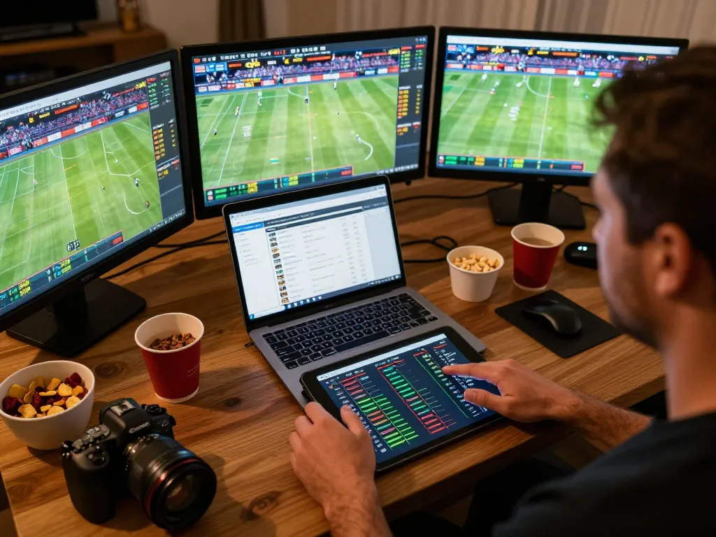 C168 user placing sports bets while watching live games on multiple screens
