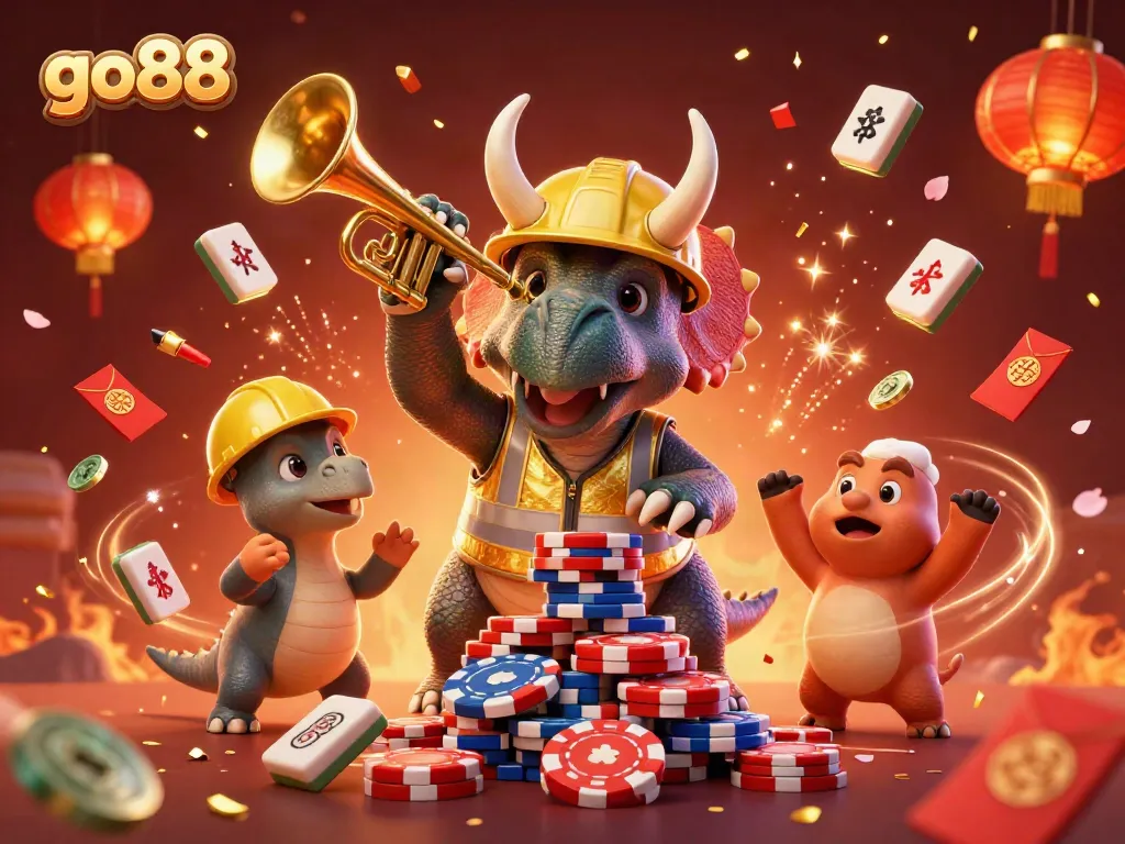 Win big with go88 featuring a triceratops building poker chips amidst casino celebrations.