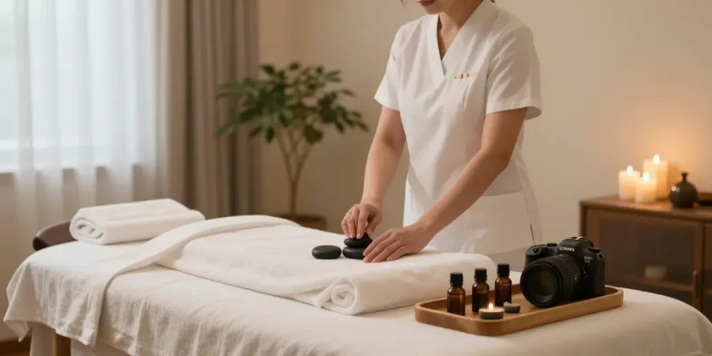 Calming 성북구출장안마 spa scene highlights serene massage therapy setup with essential oils and a tranquil atmosphere.