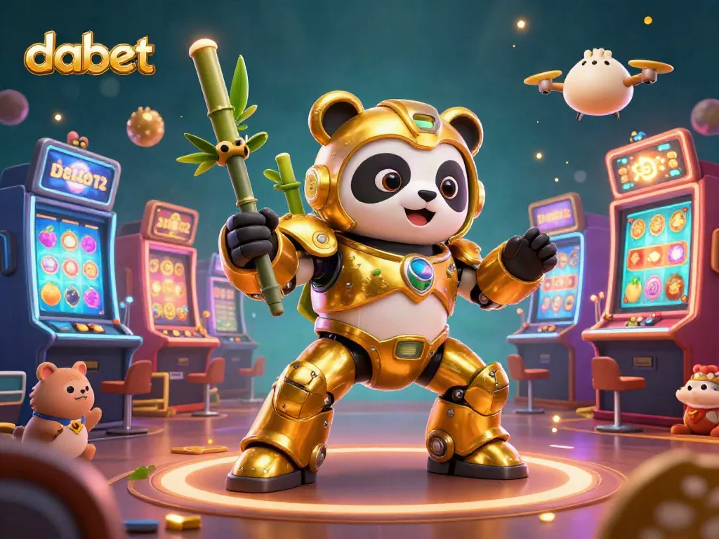 Dabet casino illustration showcasing a golden panda mech battling in a vivid slot machine arena with vibrant gaming elements.