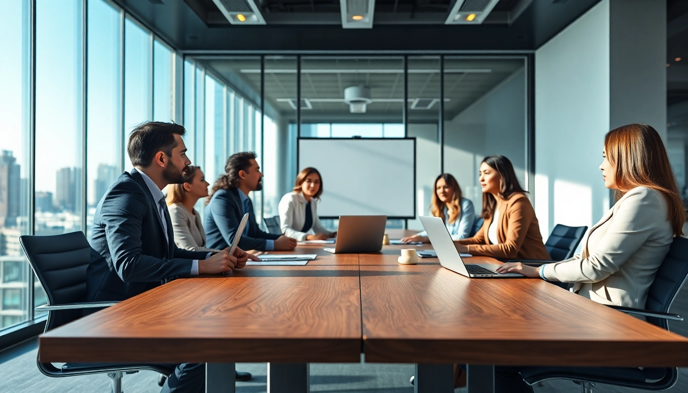 Business professionals engaged in discussions about Federal and State contracts in a modern conference room