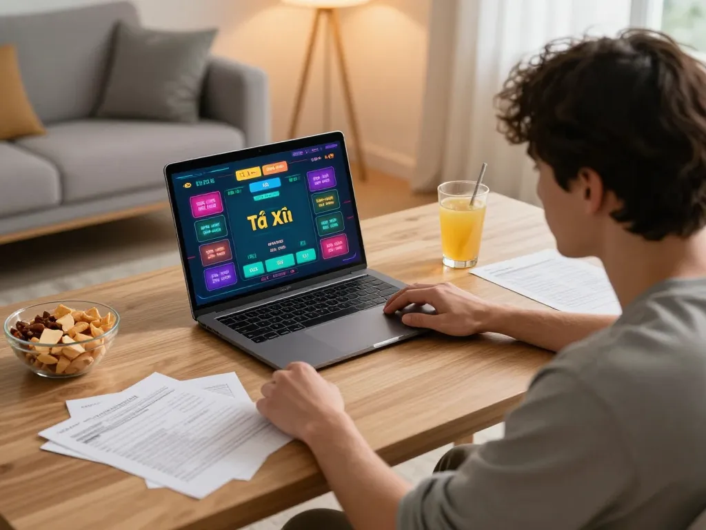 Tài Xỉu MD5 player enjoying a thrilling online game from home with strategic notes visible