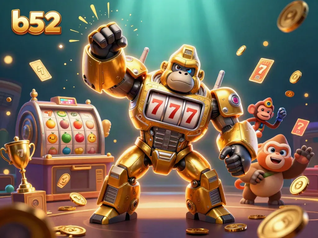 B52 gaming excitement with a golden gorilla mech throwing coins and jackpot elements in a dynamic casino scene