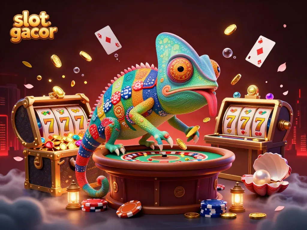 Experience thrilling slot gacor action as a colorful chameleon casino owner watches over dynamic gaming elements.