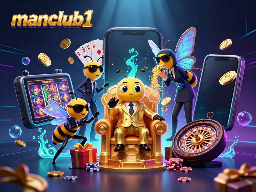 Experience wins at manclub1 with an excitement-filled scene featuring colorful slot games and casino icons.