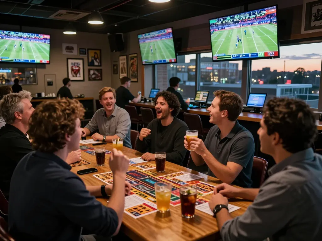 Kèo nhà cái TV with patrons engaging in sports betting strategies at a lively sports bar.