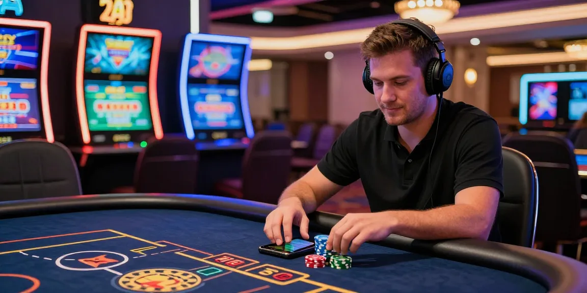 Engaged player at credit card casinos at https://fimltd.co.uk, immersed in games with vibrant graphics and elegant setting.