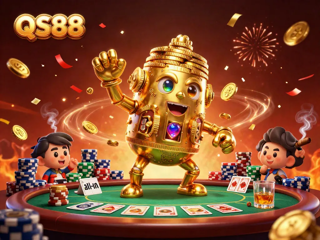 Experience the thrill of QS88 with a golden golem and poker elements in this vibrant 3D illustration.