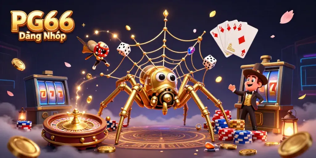 Experience PG66 Đăng Nhập with a dynamic scene of gaming elements and a steampunk spider.