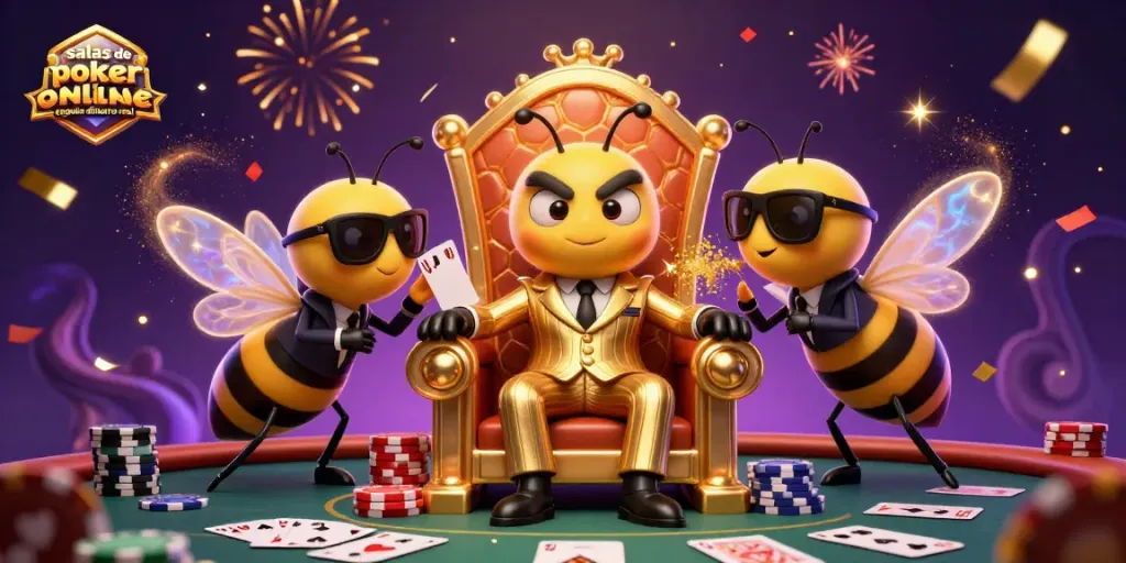 Salas de poker online españa dinero real con mesa de juego y cartas en una escena vibrante y festiva.