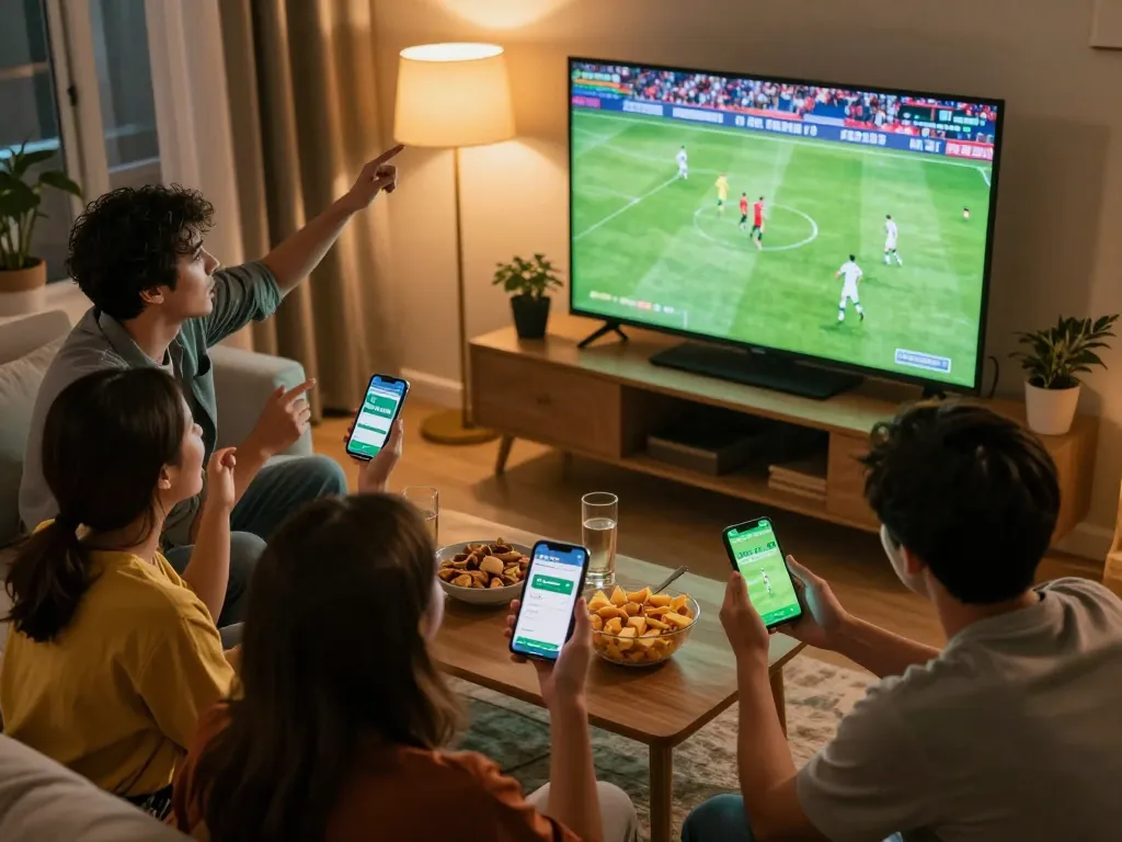 SOCOLIVE app displayed on smartphones while friends enthusiastically review football strategies during a live match