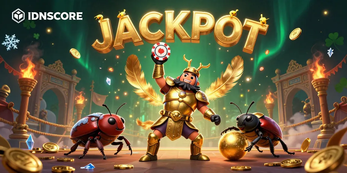 IDNSCORE showcases a victorious hercules beetle lifting a poker chip amidst vibrant casino-themed elements.