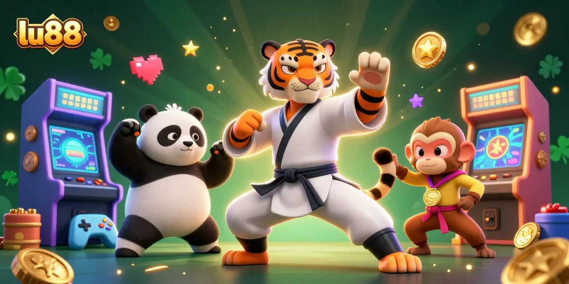lu88 players win big in a colorful casino scene with a kung fu tiger master and friends