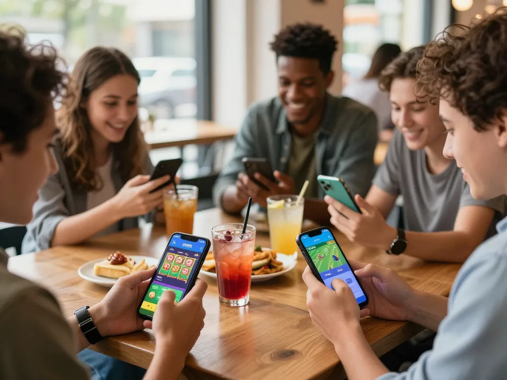Friends using the MM88 app to enjoy mobile gaming in a lively café setting, highlighting social interaction and fun.