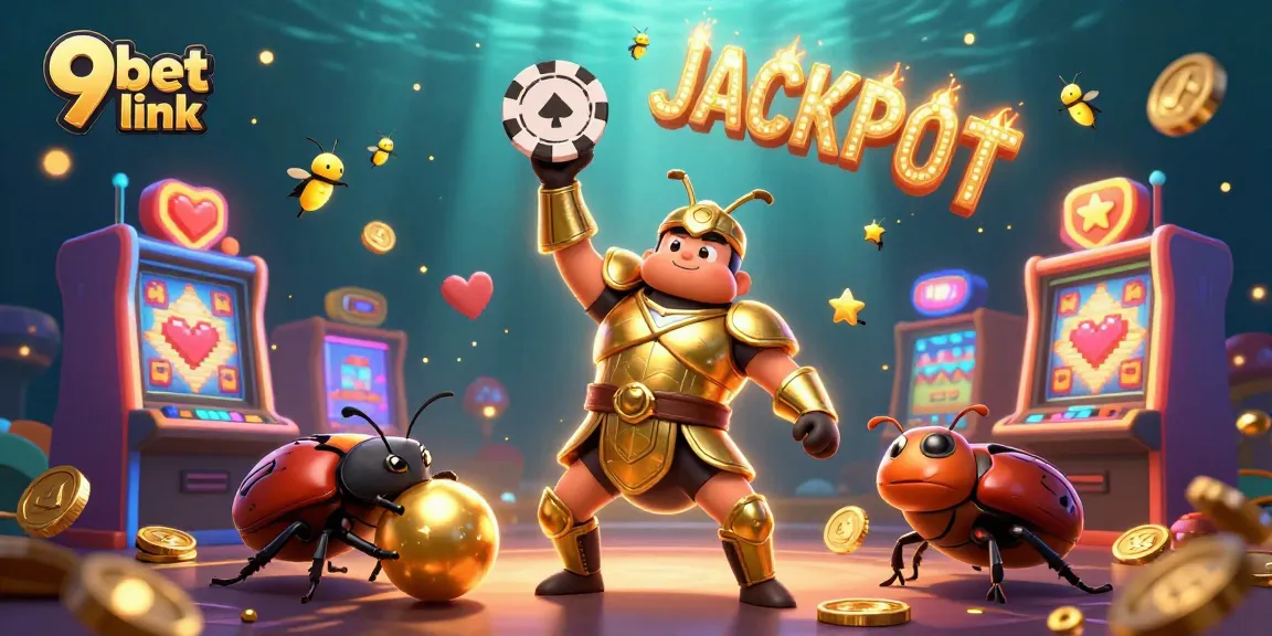 Engage with the exciting 9bet link scene featuring a victorious beetle champion and vibrant casino elements.