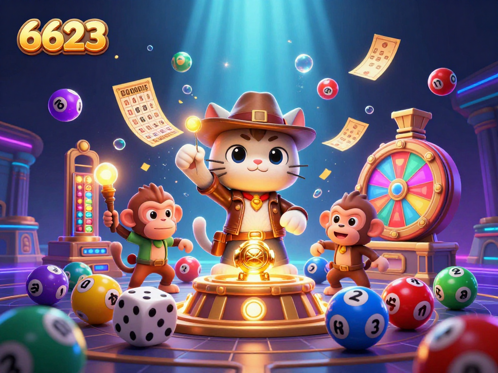 Experience thrilling gameplay in 6623 with cartoon archaeologist cat discovering golden casino artifacts.