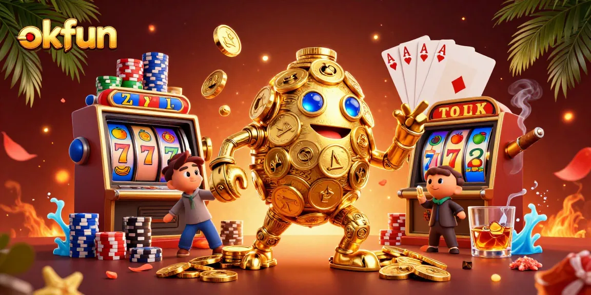 Spin and win with okfun's vibrant slot-rich entertainment in this detailed casino illustration.