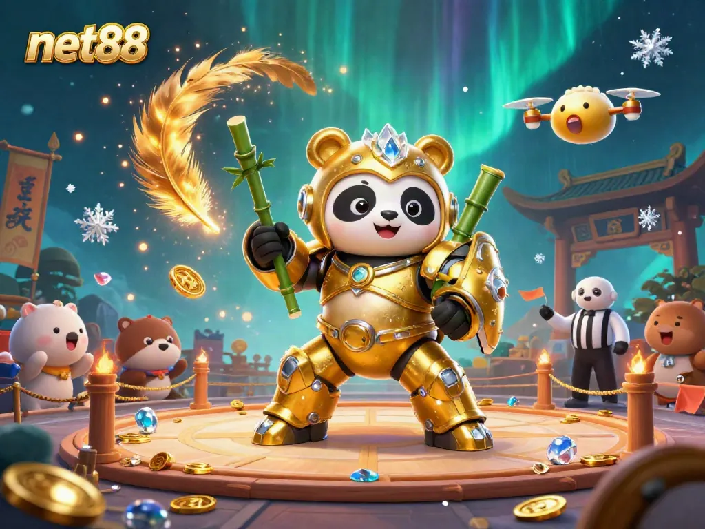 Bet on exciting outcomes with net88 in this vibrant 3D cartoon illustration of a golden panda robot in a dynamic gaming arena.