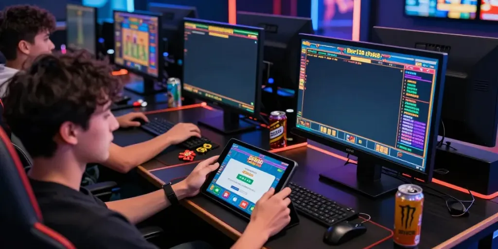 Exciting online gaming scene at Bro138 with players using tablets and vibrant slot visuals