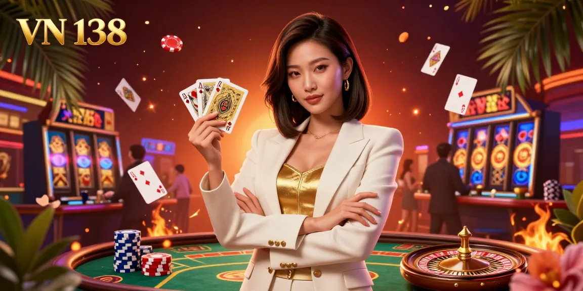 Engage with thrilling games at VN 138 casino, showcasing a glamorous Asian woman with golden cards in a rich gaming scene.