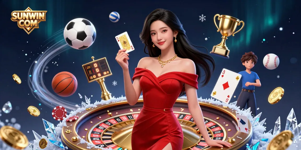 SUNWIN COM showcases a stunning Asian woman in a red gown, emphasizing a glamorous casino atmosphere.