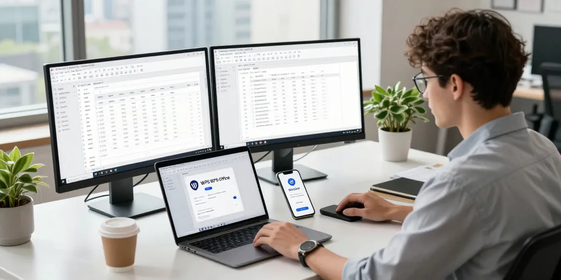 Professional using WPS Office in a modern workspace, showcasing productivity and collaboration tools.