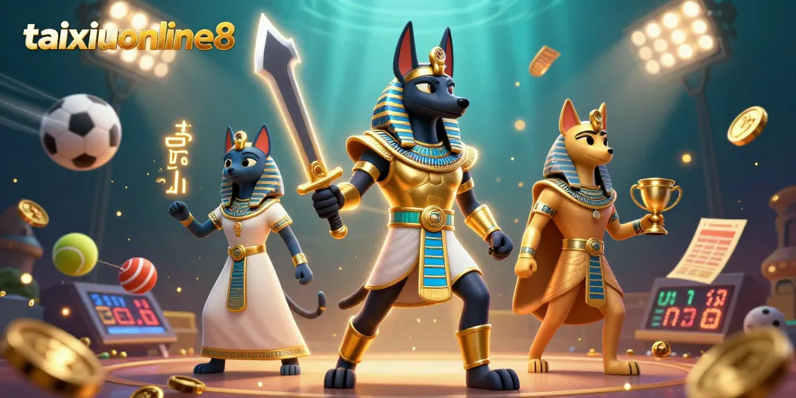 Experience thrilling gameplay at taixiuonline8 with Anubis and Bastet in an exciting casino scene.