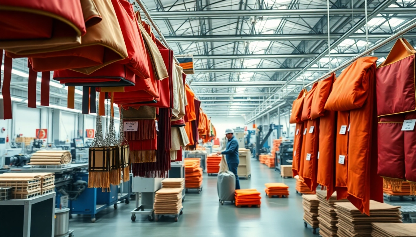 View of a fire blanket factory showcasing various fire blankets and a worker in action.