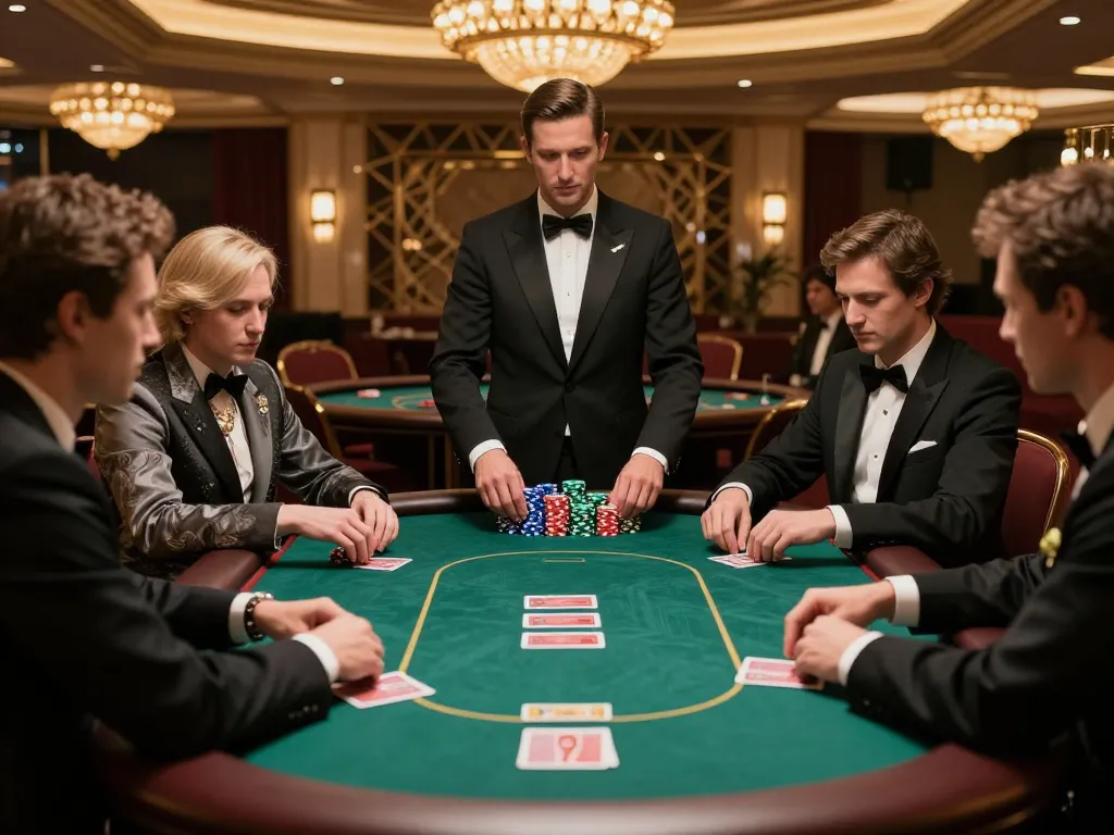 CM88 players strategizing at a high-stakes poker table, showcasing an upscale gaming ambiance