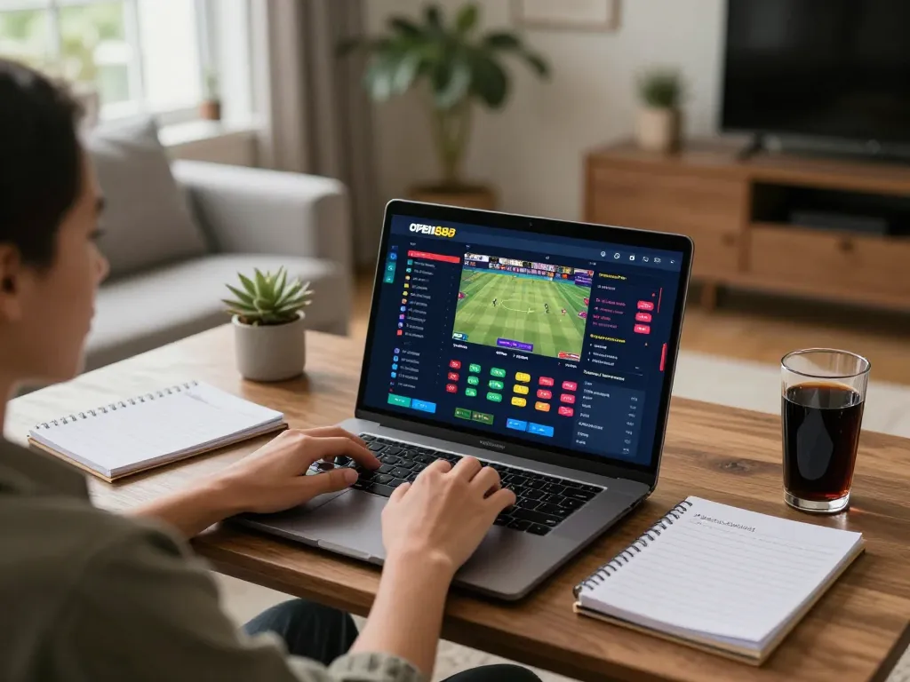 Betting on the OPEN888 app from a cozy home setup, showcasing online sports betting strategy.