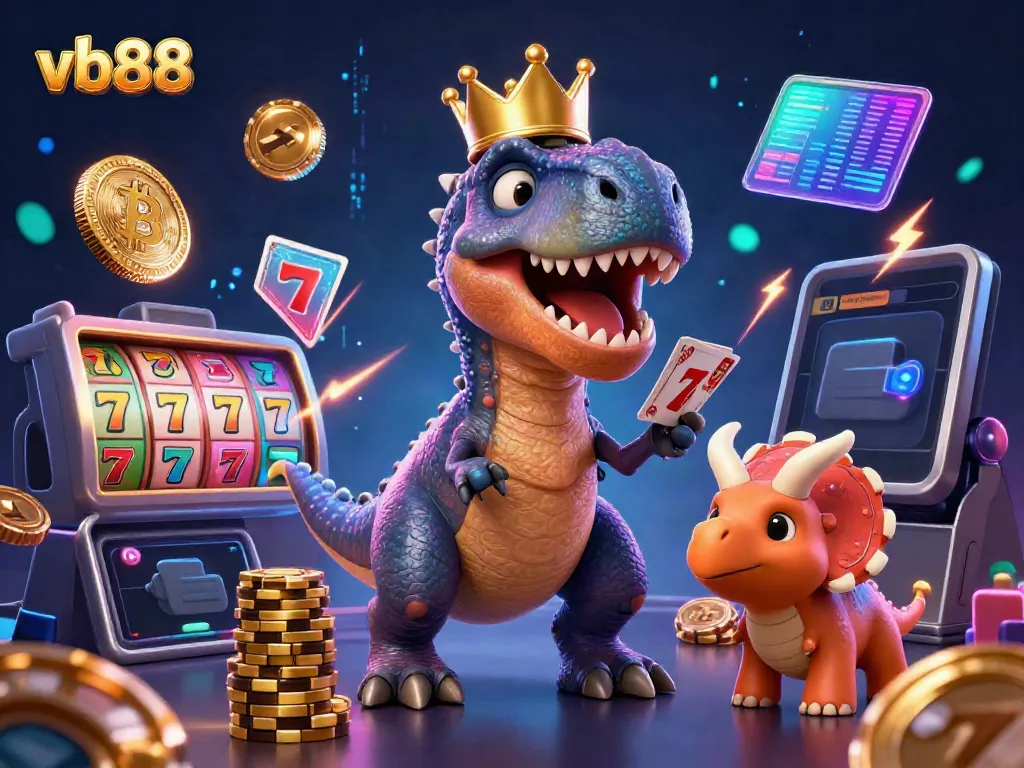 Experience thrilling fun at vb88 with a vibrant illustration of a T-Rex and friends engaged in exciting casino games.