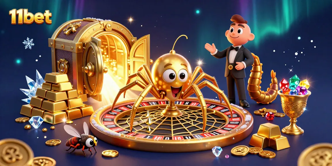 Experience excitement with 11bet as a golden spider spins a web of roulette fortune in this lively casino scene.