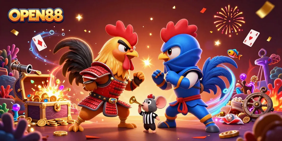 Engage with OPEN88's thrilling online gaming experience amidst a dynamic 3D illustration of combat-ready roosters.