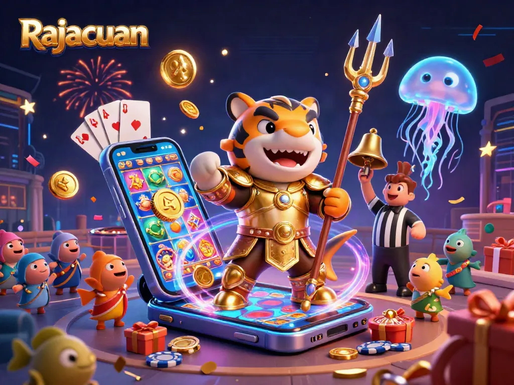 Experience Rajacuan's thrilling jackpot action with a tiger shark championing undersea games and lively casino elements.