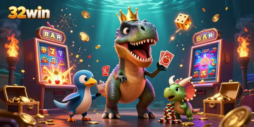 Experience a vibrant casino adventure with 32win, featuring a T-Rex and friends in a jackpot explosion.