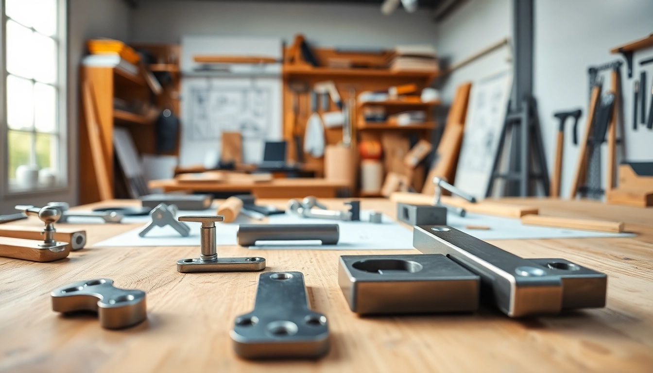 Quality products displayed by a furniture hardware supplier in a bright workshop setting with modern finishes.