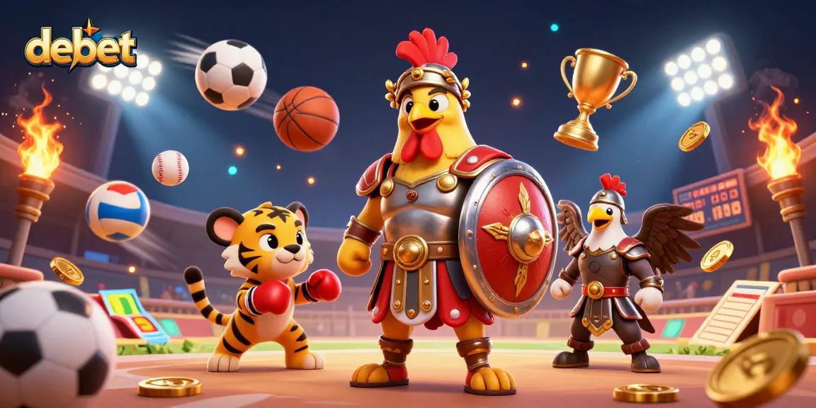 Engage in thrilling sports betting with debet using a vibrant 3D cartoon illustration full of action